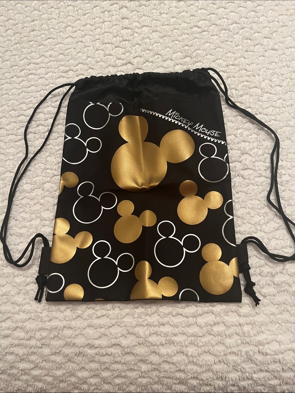 Disney Black Drawstring Bag with Gold & White Mickey Pattern